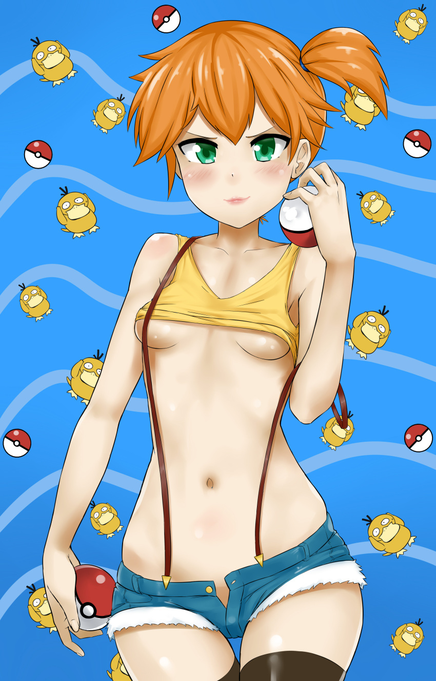 1girl absurdres blush breasts closed_mouth gen_1_pokemon greedhollow green_eyes gym_leader highres holding looking_at_viewer midriff misty_(pokemon) navel orange_hair poke_ball poke_ball_(basic) pokemon pokemon_(anime) pokemon_(classic_anime) pokemon_(creature) psyduck short_hair shorts side_ponytail smile suspenders