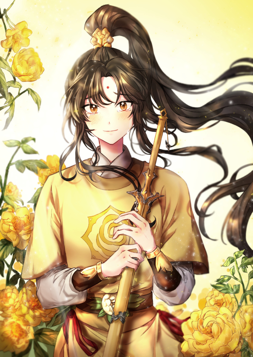 1boy bangs brown_eyes facial_mark flower forehead_mark highres jin_ling long_hair long_sleeves looking_at_viewer male_focus mo_dao_zu_shi outdoors parted_bangs ponytail solo sr_illust standing upper_body yellow_flower