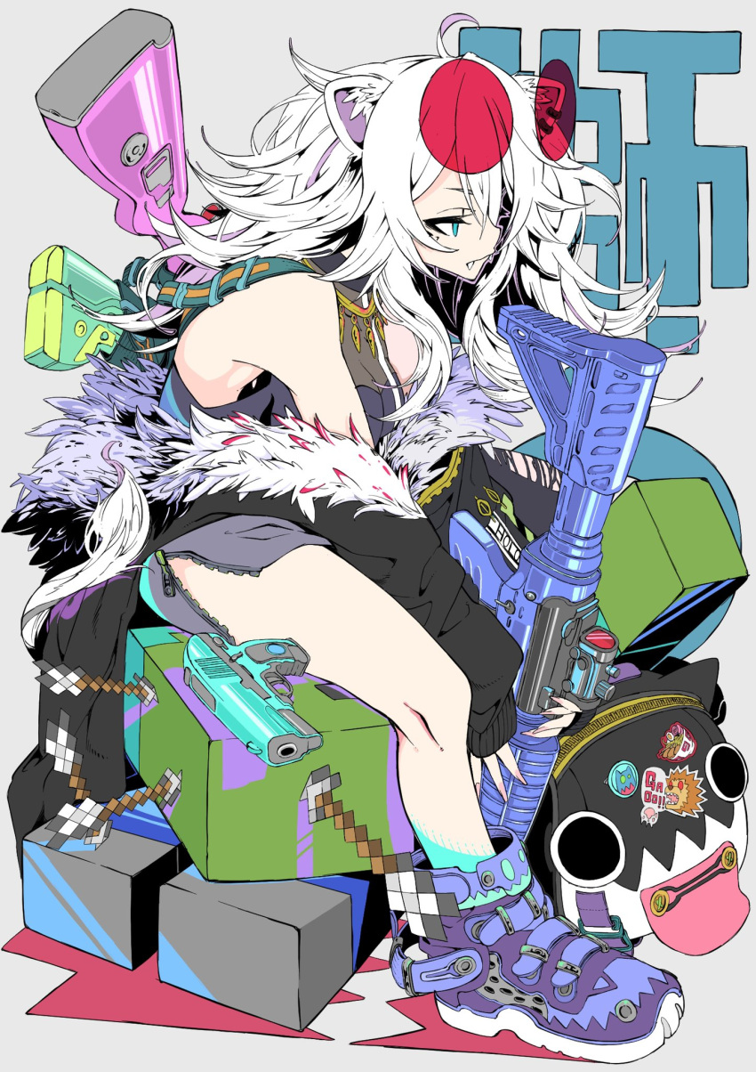 1girl ahoge animal_ears arrow_(projectile) backpack bag black_coat black_shirt blue_eyes breasts closed_mouth coat colorful commentary creeper eyewear_on_head fangs full_body fur-trimmed_coat fur_trim grey_background grey_skirt gun hair_between_eyes handgun highres hololive jewelry lion_ears lion_tail long_hair medium_breasts minecraft miniskirt necklace off_shoulder open_clothes open_coat purple_footwear round_eyewear see-through shirt shishiro_botan shoes simple_background sitting skirt sleeveless sneakers solo striped tail tetsu_booya thighs tinted_eyewear vertical_stripes virtual_youtuber weapon weapon_on_back white_hair zipper_skirt
