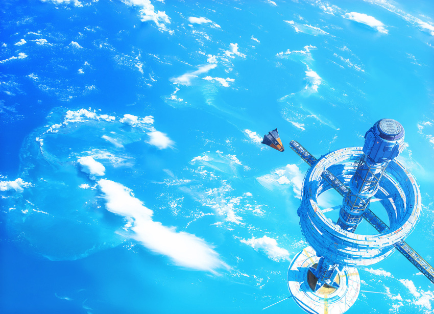 above_clouds blue_theme commentary day dofresh english_commentary highres negative_space official_art outdoors science_fiction singularity's_children space_craft space_station wide_shot