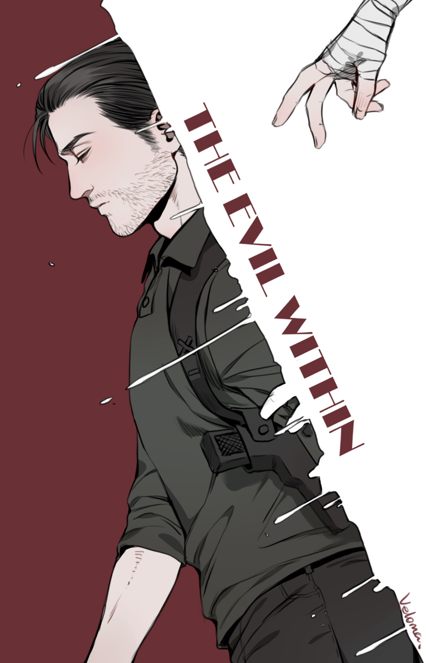 1boy bandaged_hand black_hair cang_fade closed_eyes copyright_name dutch_angle facial_hair highres holster lying male_focus on_back outstretched_hand sebastian_castellanos shoulder_holster solo_focus stubble the_evil_within