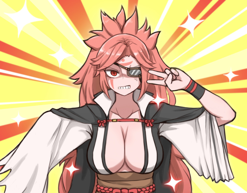 1girl absurdres amputee anger_vein angry baiken bangs big_hair breasts clenched_teeth closed_mouth collarbone emotional_engine_-_full_drive english_commentary eyepatch facial_tattoo fate/grand_order fate_(series) guilty_gear highres japanese_clothes kataginu kimono large_breasts long_hair mata_(matasoup) multicolored multicolored_background multicolored_clothes multicolored_kimono one-eyed parted_bangs pink_hair red_eyes solo symbol-shaped_pupils tattoo teeth upper_body v very_long_hair wristband