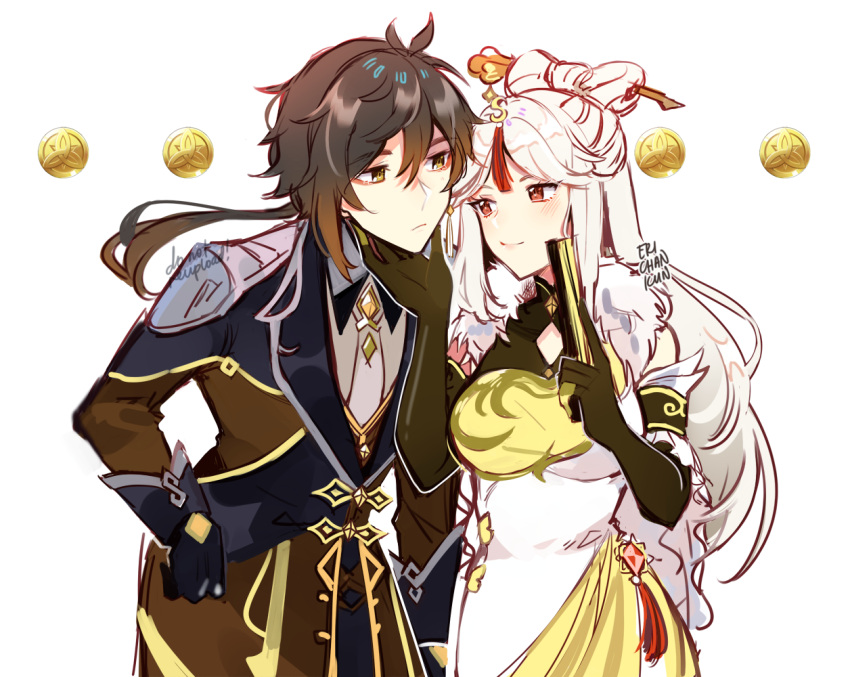 1boy 1girl bangs bare_shoulders black_gloves black_hair blush breasts brown_hair china_dress chinese_clothes closed_mouth coin coll_(erichankun) collar couple detached_sleeves dress elbow_gloves fan folding_fan formal fur fur_trim genshin_impact gloves hair_between_eyes hair_ornament hairpin hand_on_another's_head hetero holding holding_fan jacket jewelry large_breasts leaning_forward long_hair long_sleeves looking_at_another multicolored_hair ningguang ponytail red_eyes sidelocks silver_hair simple_background single_earring smile suit very_long_hair white_background yellow_eyes zhongli_(genshin_impact)