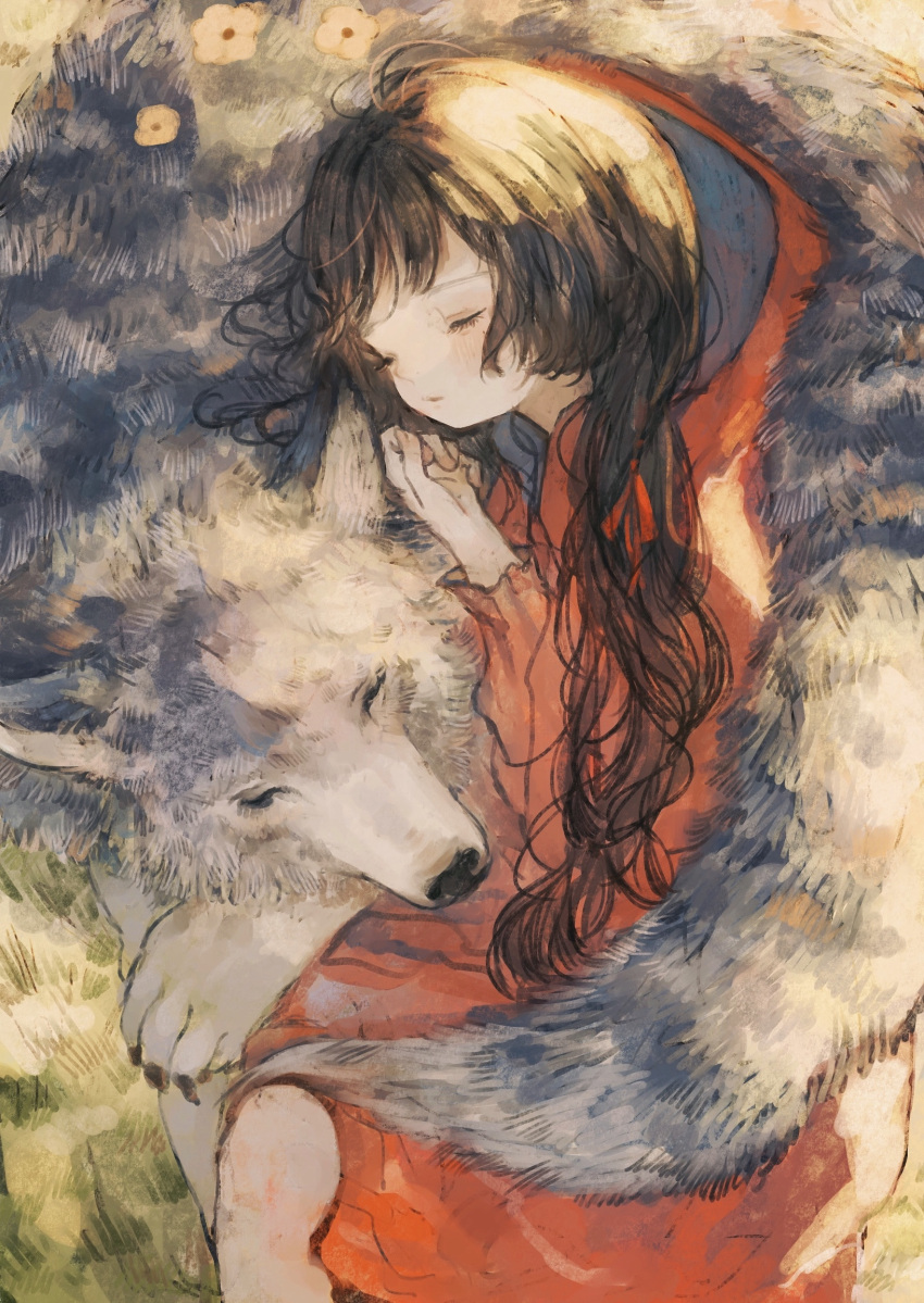 1girl black_hair closed_eyes commentary flower highres little_red_riding_hood little_red_riding_hood_(grimm) long_hair orie_h original sleeping wolf