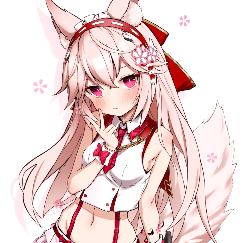 1girl absurdres animal_ear_fluff animal_ears armpit_crease bad_id bad_twitter_id bare_arms bare_shoulders breasts bright_pupils closed_mouth collared_shirt crop_top fox_ears fox_girl fox_tail groin hair_ornament hairband hand_up highres long_hair looking_at_viewer midriff navel necktie pink_eyes pink_hair shirt short_necktie simple_background sleeveless sleeveless_shirt small_breasts solo stomach suspenders tail tail_raised takanashi_kei_(hitsujikan) upper_body v vrchat white_background white_shirt wrist_cuffs