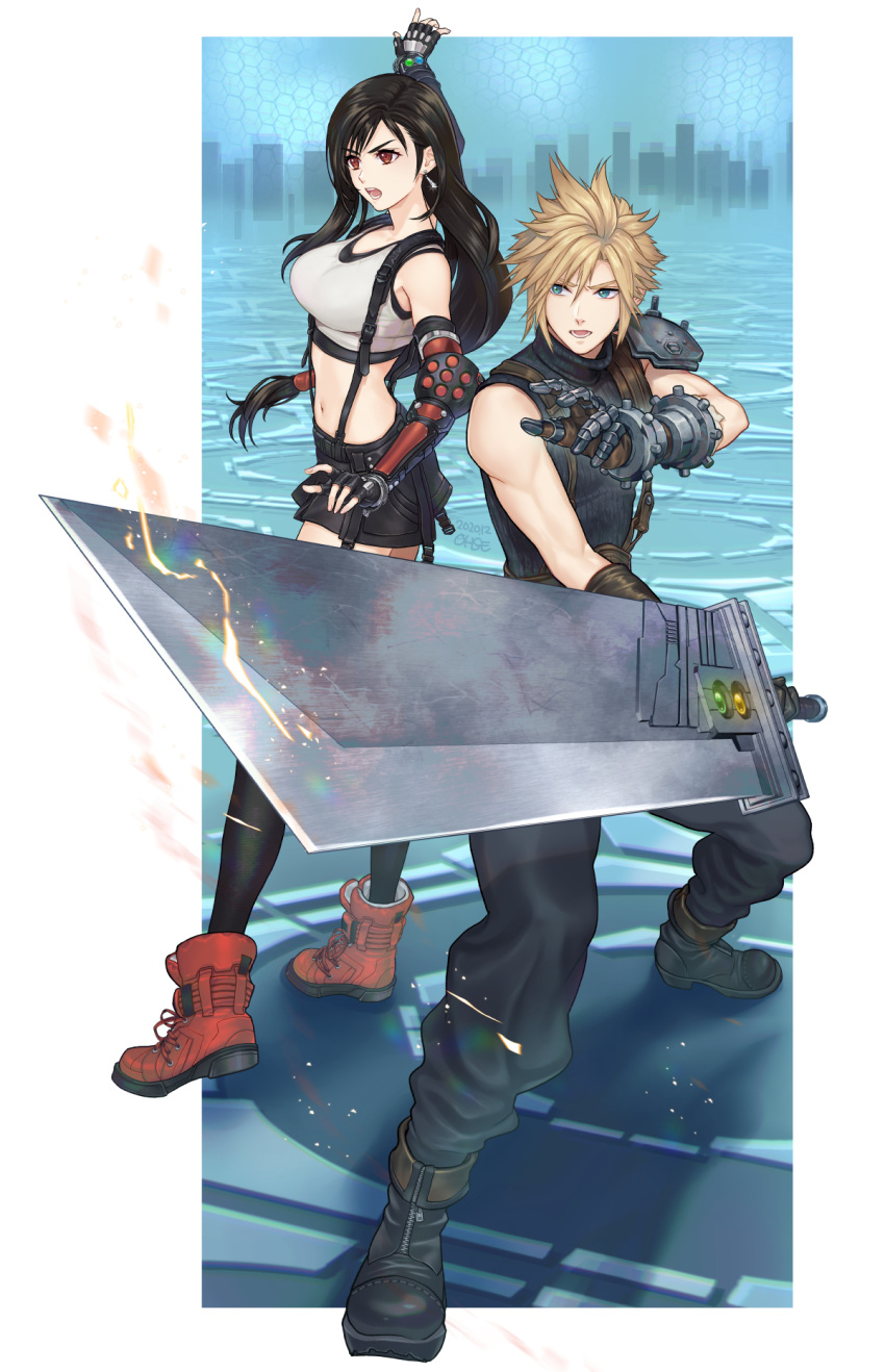 1boy 1girl arm_guards arm_up bangs bare_shoulders black_footwear black_hair black_pants black_shirt black_skirt black_sports_bra blonde_hair blue_eyes boots breasts buster_sword cloud_strife collarbone commentary_request crop_top earrings elbow_pads final_fantasy final_fantasy_vii final_fantasy_vii_remake fingerless_gloves full_body gauntlets gloves hair_between_eyes highres holding holding_sword holding_weapon jewelry large_breasts long_hair looking_to_the_side low-tied_long_hair lower_teeth materia midriff navel ohse open_mouth outdoors pants red_eyes red_footwear shadow shirt short_hair shoulder_pads sidelocks skirt sleeveless sleeveless_shirt spiky_hair sports_bra standing suspender_skirt suspenders sword tank_top thigh-highs tifa_lockhart turtleneck upper_teeth weapon white_tank_top zettai_ryouiki
