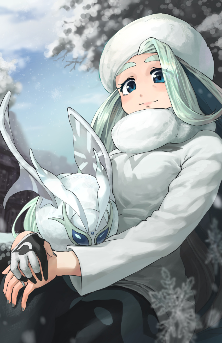 1girl blue_eyes blush breasts closed_mouth commentary day eyelashes frosmoth fur_hat gen_8_pokemon gloves gym_leader hands_together hat highres jewelry long_hair mature melaton melony_(pokemon) multicolored_hair outdoors pantyhose partially_fingerless_gloves pokemon pokemon_(creature) pokemon_(game) pokemon_swsh ring scarf single_glove smile streaked_hair sweater white_headwear white_scarf white_sweater