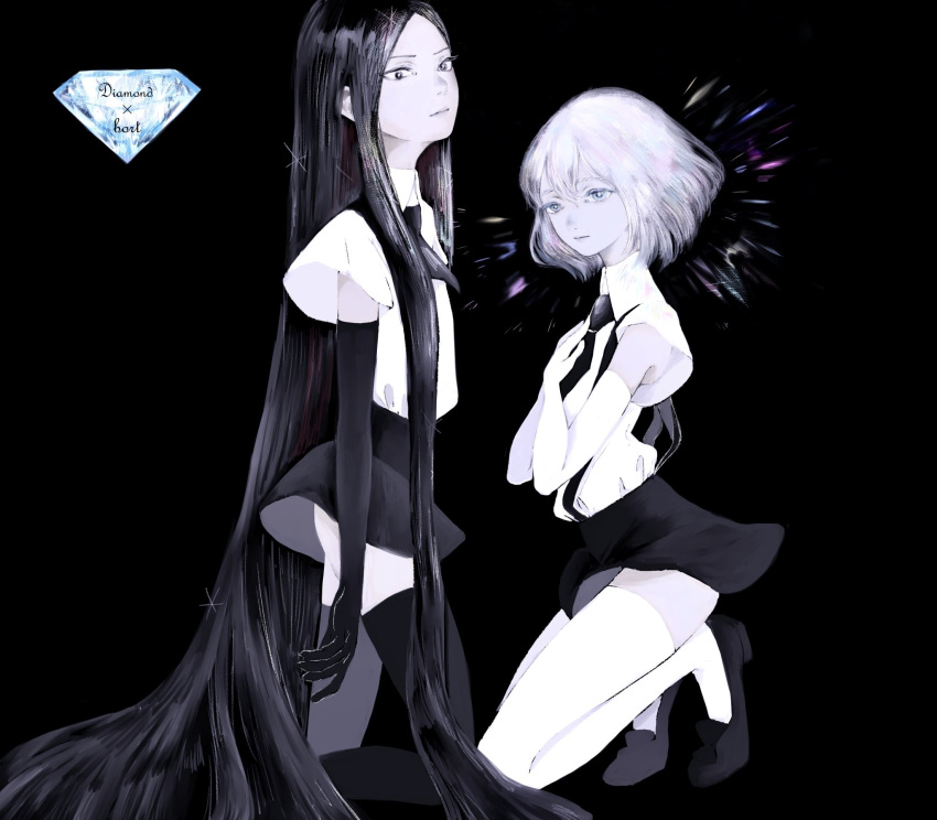 2others arm_at_side black_background black_eyes black_footwear black_hair black_legwear black_skirt bort character_name diamond_(houseki_no_kuni) elbow_gloves gloves highres houseki_no_kuni long_hair multiple_others pale_skin shirone_(coxo_ii) short_hair simple_background skirt sleeveless thigh-highs very_long_hair white_gloves white_hair white_legwear