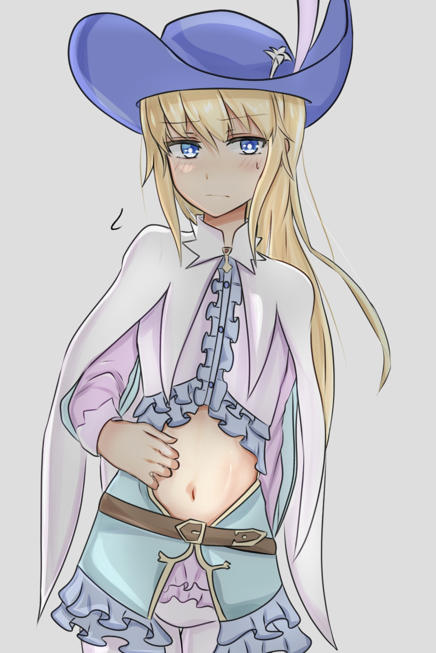 1other ambiguous_gender androgynous bangs belt blonde_hair blue_eyes blush cape chevalier_d'eon_(fate/grand_order) clothing_cutout embarrassed fate/grand_order fate_(series) frills grey_background hat highres long_hair long_sleeves looking_at_viewer navel navel_cutout otoko_no_ko rjjc simple_background sweat