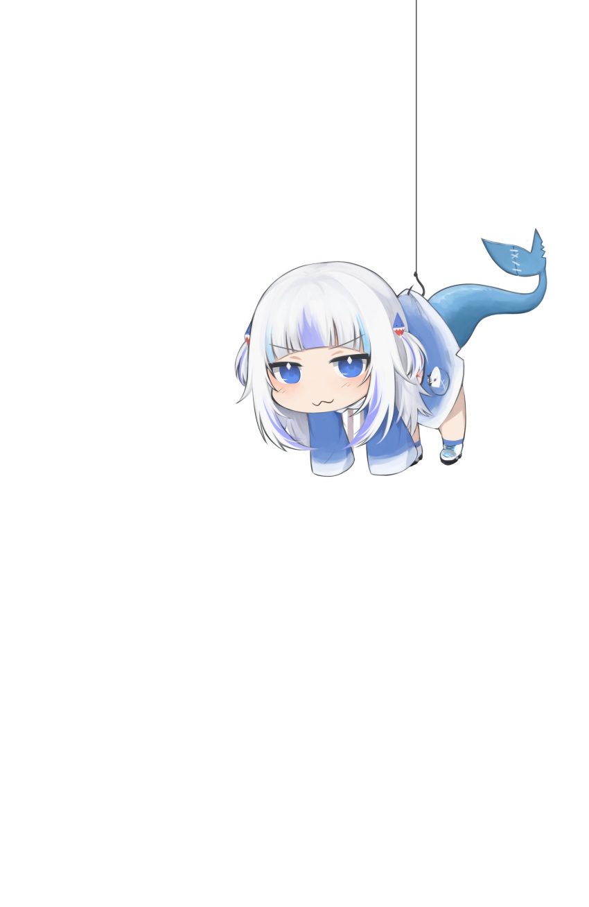 1girl :3 absurdres bangs blunt_bangs blush chibi eyebrows_visible_through_hair fish_tail fishing_hook fishing_line gawr_gura hanging highres hololive hololive_english klaius looking_at_viewer negative_space shark_tail silver_hair sleeves_past_fingers sleeves_past_wrists solo tail two_side_up v-shaped_eyebrows virtual_youtuber white_background