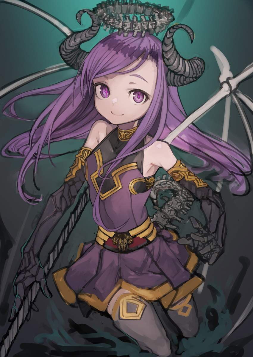 +_+ 1girl absurdres bare_shoulders belt belt_buckle black_gloves black_legwear buckle closed_mouth collarbone covered_collarbone demon_girl demon_horns demon_wings elbow_gloves gloves halo highres holding holding_polearm holding_weapon horns izayoi_cha long_hair original polearm purple_hair purple_skirt skeletal_wings sketch skirt smile solo spine tail thigh-highs violet_eyes weapon wings