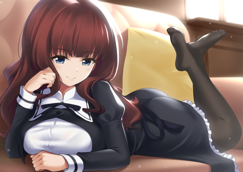 1girl assault_lily bangs black_dress black_legwear blue_eyes blunt_bangs breasts brown_hair closed_mouth couch dress hand_on_own_chin head_rest highres juliet_sleeves kaede_johan_nouvel knees_up large_breasts long_hair long_sleeves lying mocchi no_shoes on_stomach pantyhose pillow pinafore_dress puffy_sleeves smile solo