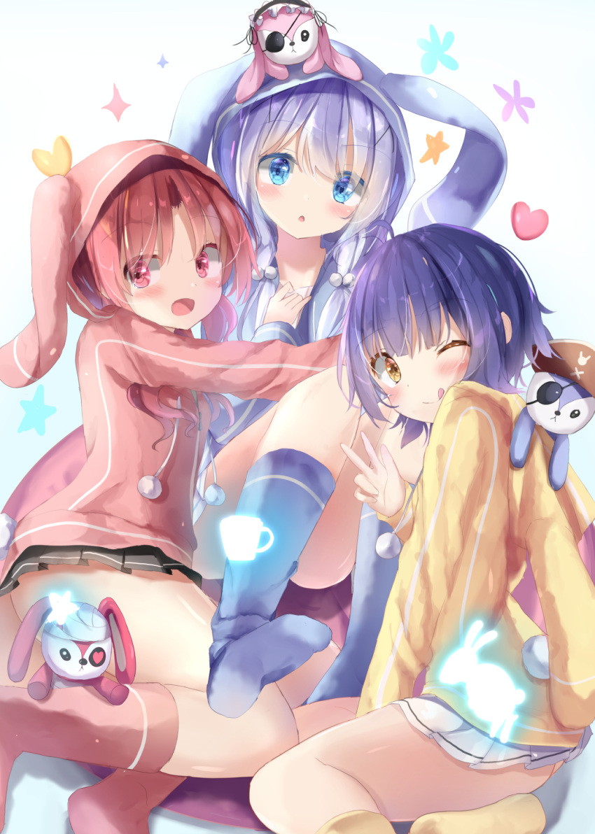 3girls :d :o ;q animal_ears animal_hood bangs black_skirt blue_background blue_eyes blue_hair blue_hoodie blush brown_eyes brown_legwear bunny_hood chestnut_mouth chimame-tai closed_mouth commentary_request eyebrows_visible_through_hair eyepatch fake_animal_ears feet_out_of_frame gochuumon_wa_usagi_desu_ka? gradient gradient_background hair_between_eyes hair_ornament highres hood hood_down hood_up hoodie jouga_maya kafuu_chino long_hair multiple_girls na!?_(naxtuyasai) natsu_megumi one_eye_closed open_mouth parted_lips pink_hoodie pleated_skirt red_eyes redhead skirt smile socks stuffed_animal stuffed_bunny stuffed_toy tongue tongue_out white_background white_skirt x_hair_ornament yellow_hoodie