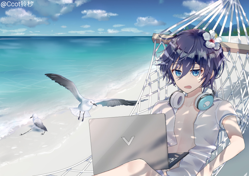 1boy beach bird blue_eyes blue_hair commentary computer dappled_sunlight flower hair_flower hair_ornament hammock hibiscus highres laptop looking_at_viewer male_focus ocean open_clothes open_mouth open_shirt outdoors rin_cat seagull shirt short_sleeves sitting sky sunlight vocaloid vsinger white_flower white_shirt zhiyu_moke