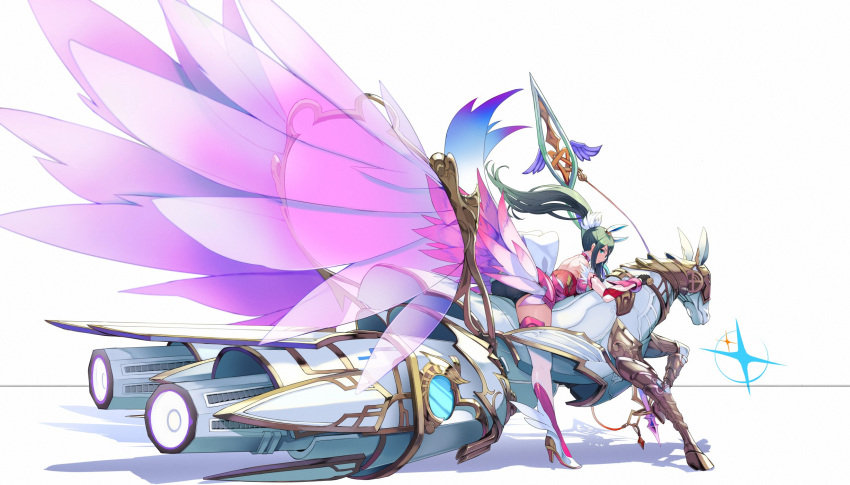 1girl back black_shorts blue_eyes blue_hair boots choker detached_sleeves fire_emblem high_heel_boots high_heels highres holding holding_weapon horse kurosawa_tetsu long_hair machinery oribe_tsubasa pegasus pegasus_knight polearm ponytail shadow shorts simple_background solo sparkle spear thigh-highs thigh_boots thighs tokyo_mirage_sessions_fe weapon white_background wings