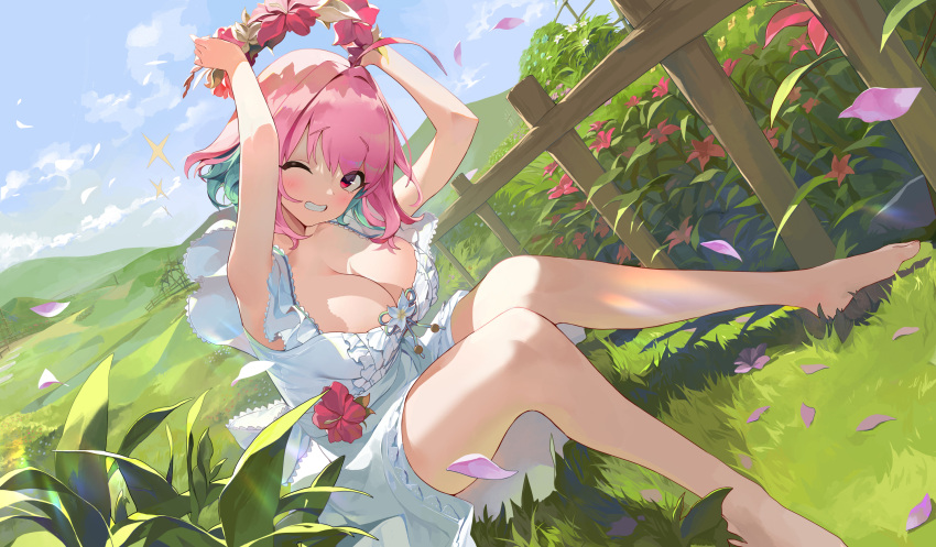 1girl ahoge arms_up bangs bare_legs barefoot blue_sky blush breasts bsue commentary day dress eyebrows_visible_through_hair flower flower_wreath grass grin hibiscus highres holding idolmaster idolmaster_cinderella_girls large_breasts looking_at_viewer multicolored_hair one_eye_closed outdoors petals pink_hair plant raised_eyebrows short_hair sitting sky sleeveless sleeveless_dress smile solo two-tone_hair white_dress yumemi_riamu
