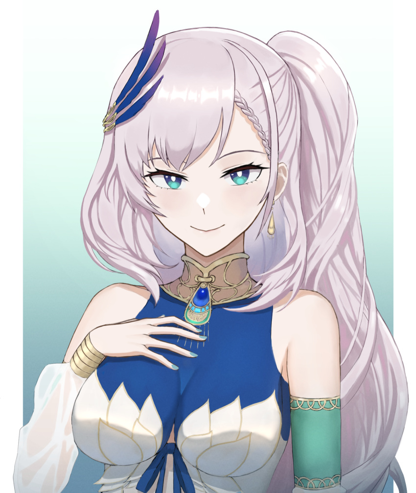 1girl armpit_peek bangs breasts detached_sleeves eyebrows_behind_hair feather_hair_ornament green_eyes hand_on_own_chest highres hololive hololive_indonesia long_ponytail looking_at_viewer medium_breasts pavolia_reine rz_ix side_ponytail silver_hair smile solo virtual_youtuber