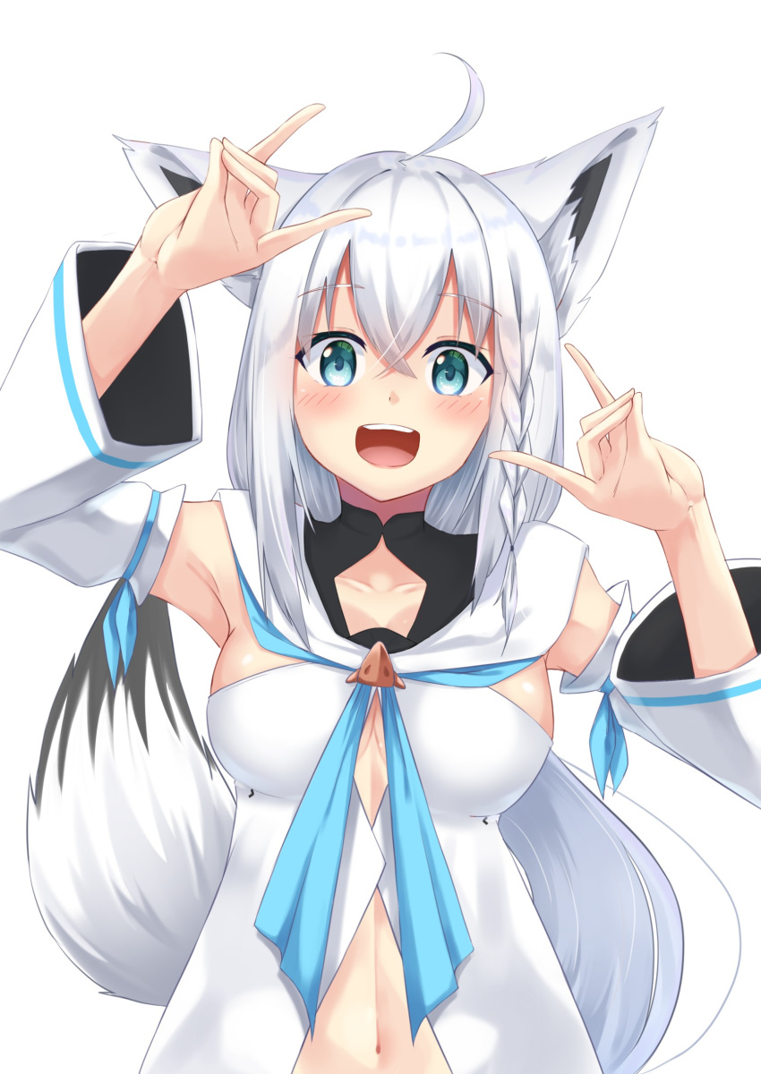 1girl :d absurdres ahoge animal_ears armpits blue_eyes braid breasts cleavage_cutout clothing_cutout collarbone commentary_request detached_sleeves eyebrows_visible_through_hair fox_ears fox_shadow_puppet fox_tail hair_between_eyes hand_up highres hololive long_hair looking_at_viewer medium_breasts miki_miki navel open_mouth shirakami_fubuki simple_background single_braid smile solo tail upper_teeth virtual_youtuber white_background white_hair