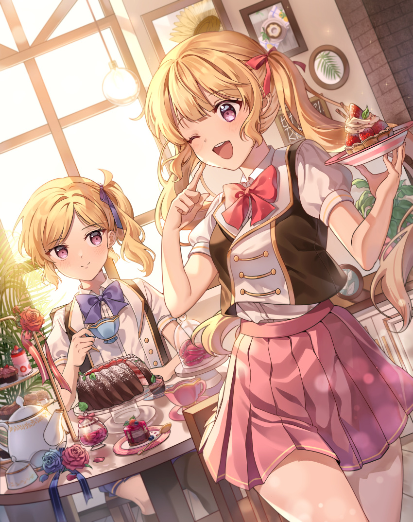 2girls absurdres blonde_hair cake flower food highres huge_filesize miniskirt multiple_girls one_eye_closed one_side_up original picture_frame pongu puffy_short_sleeves puffy_sleeves rose short_sleeves sitting skirt teapot tree twintails violet_eyes window