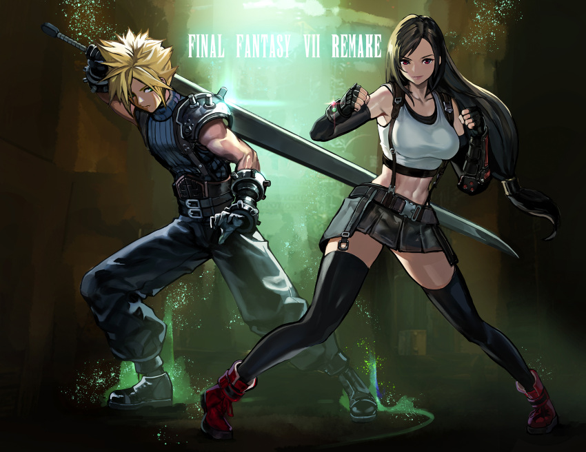 1boy 1girl bangs bare_shoulders belt black_belt black_footwear black_gloves black_hair black_pants black_shirt black_skirt black_sports_bra blonde_hair blue_eyes breasts buster_sword clenched_hands closed_mouth cloud_strife collarbone commentary copyright_name crop_top earrings elbow_gloves elbow_pads final_fantasy final_fantasy_vii final_fantasy_vii_remake fingerless_gloves full_body gauntlets glint gloves groin highres holding holding_sword holding_weapon jewelry large_breasts long_hair looking_at_viewer low-tied_long_hair materia midriff navel over_shoulder pants red_eyes red_footwear rein00 shirt shoes short_hair shoulder_pads sidelocks skirt sleeveless sleeveless_turtleneck snap-fit_buckle spiky_hair sports_bra standing suspender_skirt suspenders sword tank_top thigh-highs tifa_lockhart turtleneck weapon weapon_over_shoulder white_tank_top zettai_ryouiki