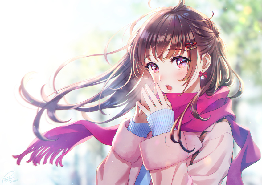 1girl :o bangs blurry blurry_background blush breath brown_hair casual commentary_request day depth_of_field eyebrows_visible_through_hair floating_hair glint hair_ornament hairclip highres long_hair long_sleeves looking_at_viewer morikura_en open_mouth original outdoors own_hands_together pink_coat pink_eyes pink_ribbon pink_scarf ribbon ribbon_earrings scarf sleeves_past_wrists solo upper_body wind