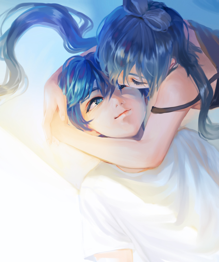 1boy 1girl absurdres blue_eyes blue_hair chinese_commentary commentary grey_hair hair_rings head_hug hetero highres kitsuneko_(fox_a-j) long_hair looking_at_another luo_tianyi one_eye_closed shirt sidelighting smile twintails vocaloid vsinger white_shirt zhiyu_moke