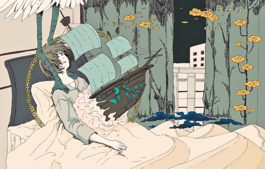 bed bird blue_eyes brown_hair cityscape clouds dreaming flower highres indoors long_sleeves mura1110 original sand ship short_hair solo surreal under_covers watercraft