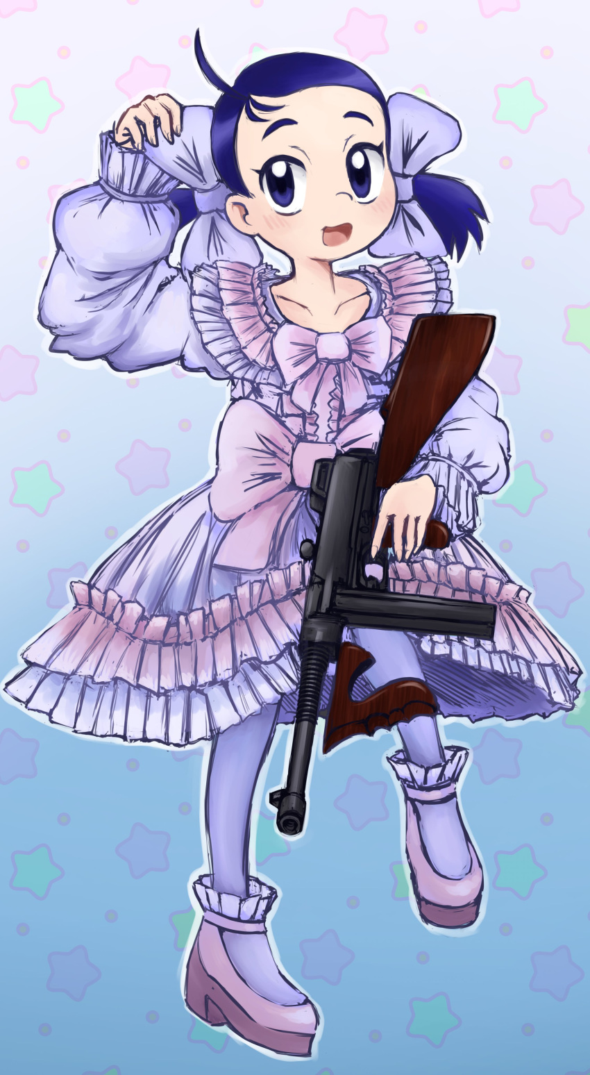 blue_hair bow dress ojamajo_doremi senoo_aiko shrums thompson_submachine_gun