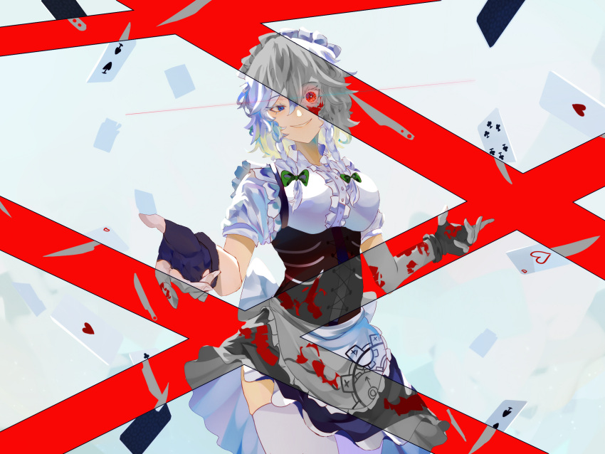 1girl black_dress black_gloves blood blood_on_arm blood_on_face bloody_clothes blue_eyes bow braid breasts card center_frills contrapposto corset cowboy_shot dark_persona dress fingerless_gloves frills gloves green_bow hair_between_eyes hair_bow highres izayoi_sakuya knife looking_at_viewer maid maid_headdress medium_breasts naufaldreamer parted_lips playing_card puffy_short_sleeves puffy_sleeves red_eyes short_hair short_sleeves silver_hair simple_background smile solo standing thigh-highs throwing_knife touhou twin_braids weapon white_background white_legwear