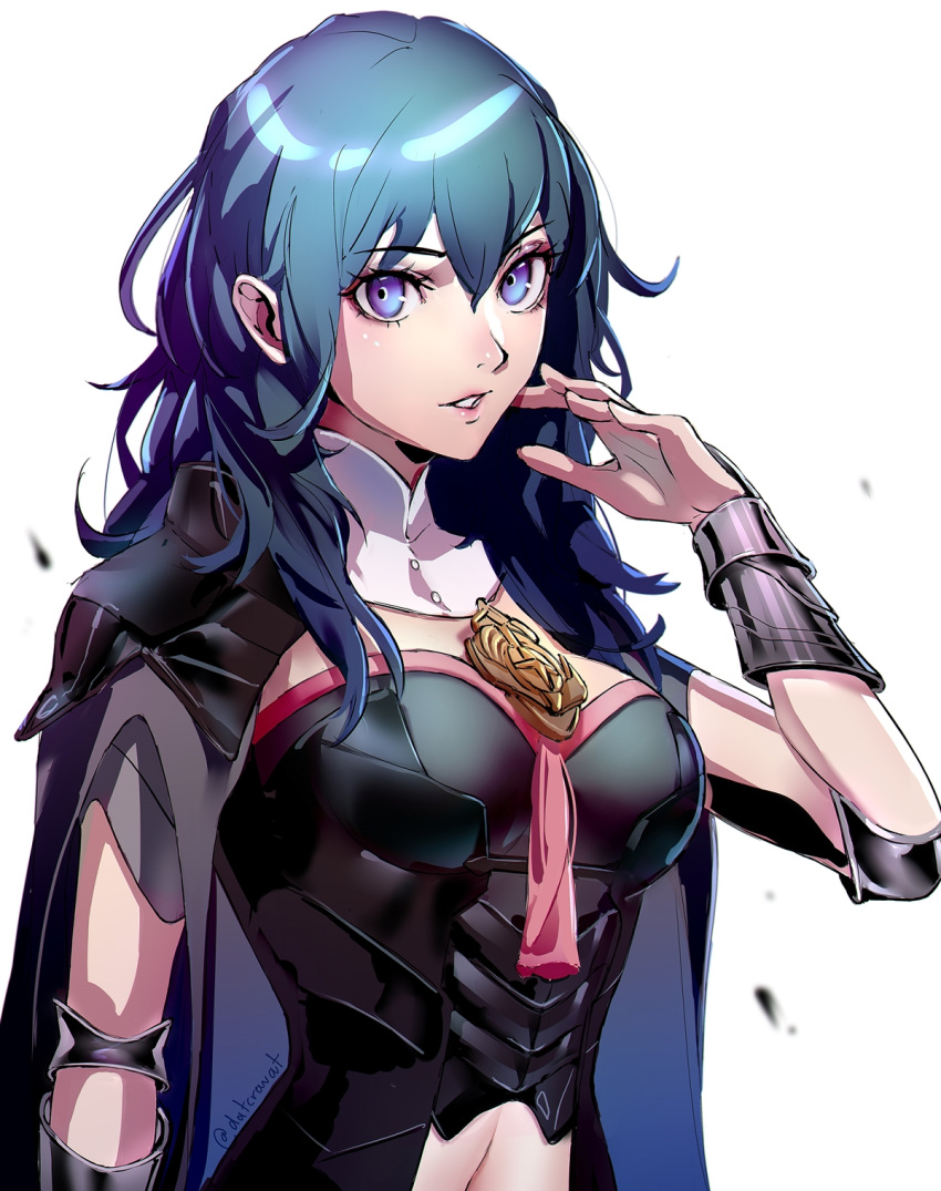 1girl armor bangs blue_eyes blue_hair bracer byleth_(fire_emblem) byleth_eisner_(female) cape clothing_cutout datcravat detached_collar english_commentary fire_emblem fire_emblem:_three_houses hair_between_eyes highres long_hair looking_at_viewer navel_cutout parted_lips white_background