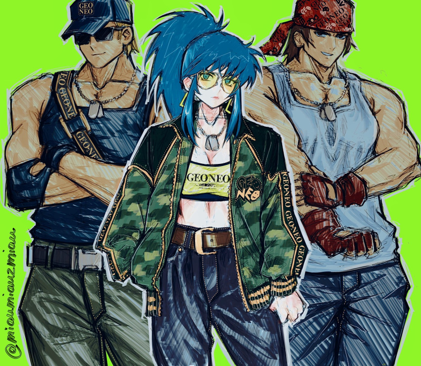 1girl 2boys alternate_costume bandana belt belt_pouch black_hair blonde_hair blue_eyes blue_hair clark_still dog_tags earrings fingerless_gloves glasses gloves green_background hat highres ikari_warriors jacket jewelry leona_heidern midriff multiple_boys muscle ponytail poririna pouch ralf_jones tank_top the_king_of_fighters triangle_earrings watermark web_address