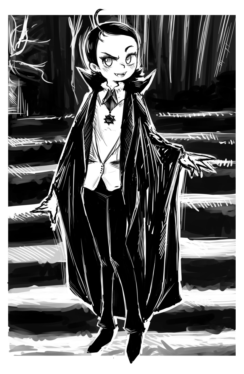 cape dracula_(cosplay) fangs halloween halloween_costume monochrome ojamajo_doremi senoo_aiko shrums stairs tree vampire