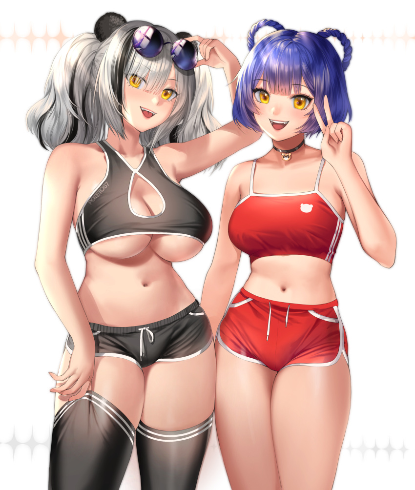 2girls absurdres adjusting_clothes adjusting_legwear animal_ears arknights arm_up artist_name bangs bare_shoulders black_legwear black_shorts black_sports_bra blue_hair blunt_bangs breasts choker clothes_writing commentary crossover english_commentary eyebrows_visible_through_hair eyewear_on_head feater_(arknights) genshin_impact hair_rings highres large_breasts looking_at_viewer multicolored_hair multiple_girls navel panda_ears potetos7 red_shorts red_sports_bra round_eyewear short_shorts shorts silver_hair smile sparkle_background sports_bra standing streaked_hair sunglasses thigh-highs thighs tongue under_boob v white_background xiangling_(genshin_impact) yellow_eyes