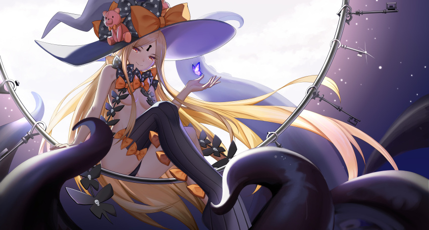 1girl abigail_williams_(fate/grand_order) absurdres asymmetrical_legwear bangs black_legwear black_panties blonde_hair bow breasts bug butterfly closed_mouth commentary crossed_legs dutch_angle fate/grand_order fate_(series) flan_(f_l_an) forehead from_below hat hat_bow highres insect key keychain keyhole long_hair looking_at_viewer panties parted_bangs revealing_clothes ribbon single_thighhigh sitting small_breasts smile solo star_(sky) straight_hair stuffed_animal stuffed_toy teddy_bear tentacles thigh-highs underwear very_long_hair witch_hat