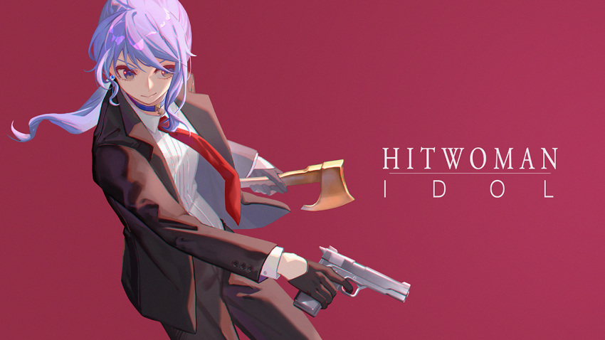 1girl agent_47 agent_47_(cosplay) alternate_hairstyle axe blue_choker blue_eyes brown_gloves brown_jacket brown_pants choker closed_mouth cosplay earrings finger_on_trigger gloves gun half_gloves handgun hitman_(game) holding holding_axe holding_gun holding_weapon hololive hoshimachi_suisei jacket jewelry long_hair necktie open_clothes open_jacket pants parody pistol ponytail red_background red_neckwear shirt simple_background smile star_(symbol) star_earrings title_parody weapon white_shirt whitem_(whiteemperor2020)