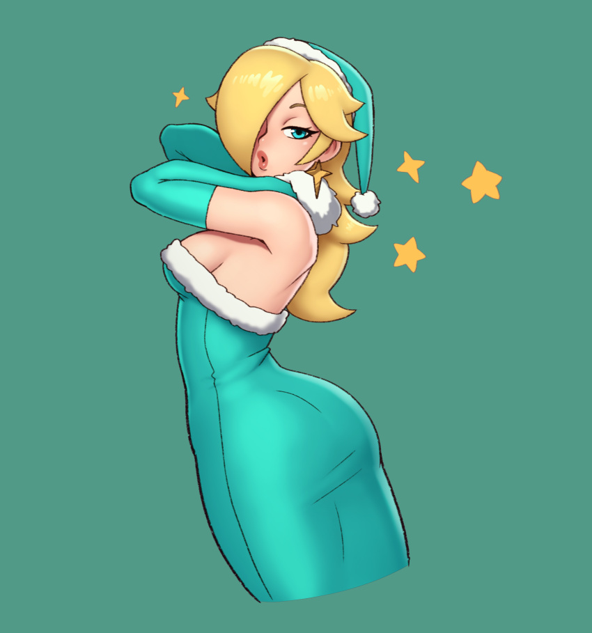 1girl absurdres alternate_costume ass blonde_hair blue_eyes breasts dress elbow_gloves gloves green_background hair_over_eyes hands_on_own_neck hat highres lipstick looking_at_viewer looking_back makeup super_mario_bros. pink_lipstick puckered_lips rizdraws rosalina santa_costume santa_hat simple_background star_(symbol) super_mario_galaxy tight_dress