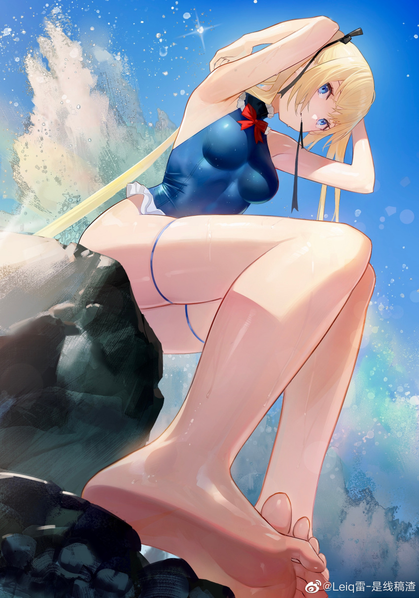 absurdres armpits arms_up azur_lane bare_legs barefoot blonde_hair blue_eyes blue_sky breasts day dead_or_alive dutch_angle foreshortening hair_ribbon highres leiq long_hair marie_rose medium_breasts mouth_hold one-piece_swimsuit outdoors ribbon ribbon_in_mouth sitting sky swimsuit thigh_ribbon twintails weibo_username