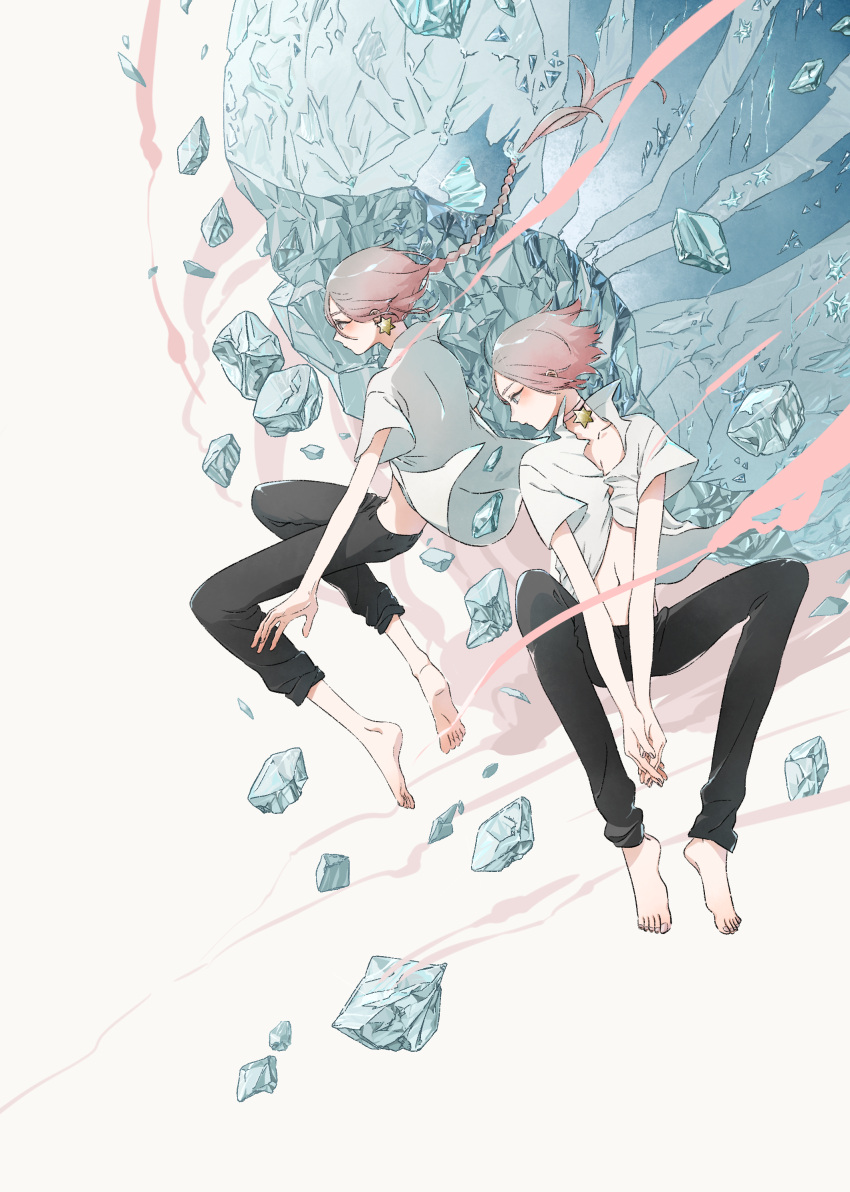 2boys absurdres barefoot black_pants blue_menouu blush choker collared_shirt earrings grey_hair highres jewelry midriff multiple_boys navel original pants partially_unbuttoned profile rock shirt short_hair short_sleeves white_shirt wide_shot