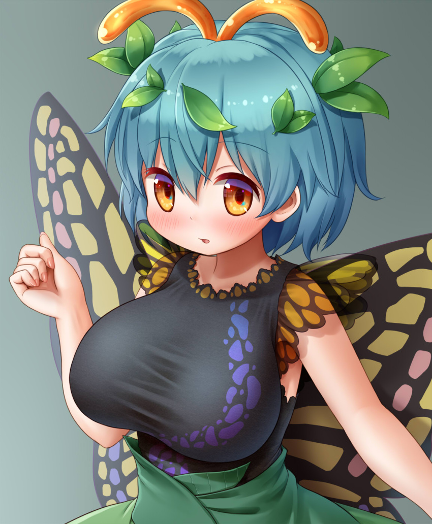 1girl alternate_breast_size antennae arinu black_shirt blue_hair breasts brown_eyes butterfly_wings dress eternity_larva eyebrows_visible_through_hair green_skirt hair_ornament highres large_breasts leaf leaf_on_head looking_at_viewer shirt short_hair short_sleeves simple_background skirt sleeveless sleeveless_shirt solo touhou upper_body wings