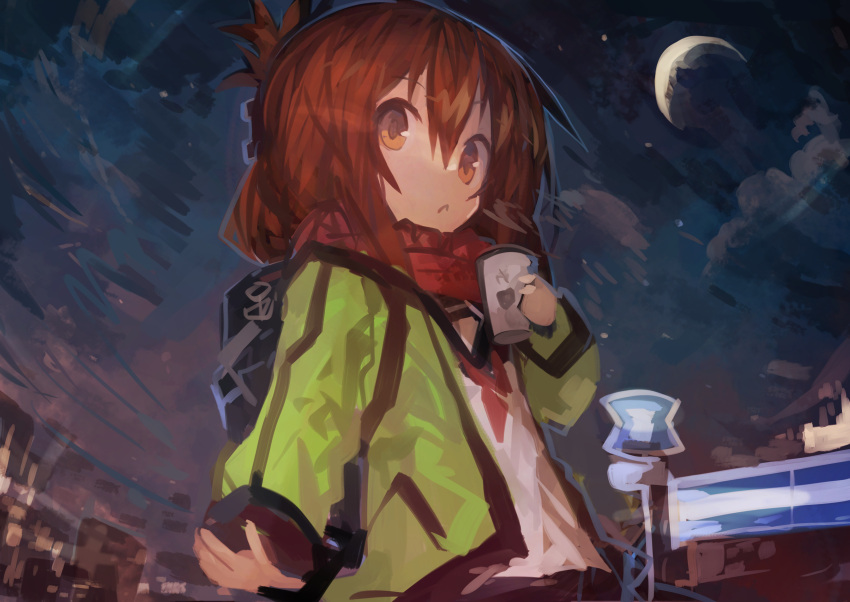 1girl absurdres arm_at_side bangs breath brown_eyes brown_hair city crescent_moon cup folded_ponytail green_jacket hair_between_eyes highres holding holding_cup inazuma_(kancolle) jacket kaamin_(mariarose753) kantai_collection looking_at_viewer moon neckerchief night outdoors red_scarf scarf school_uniform serafuku sky solo