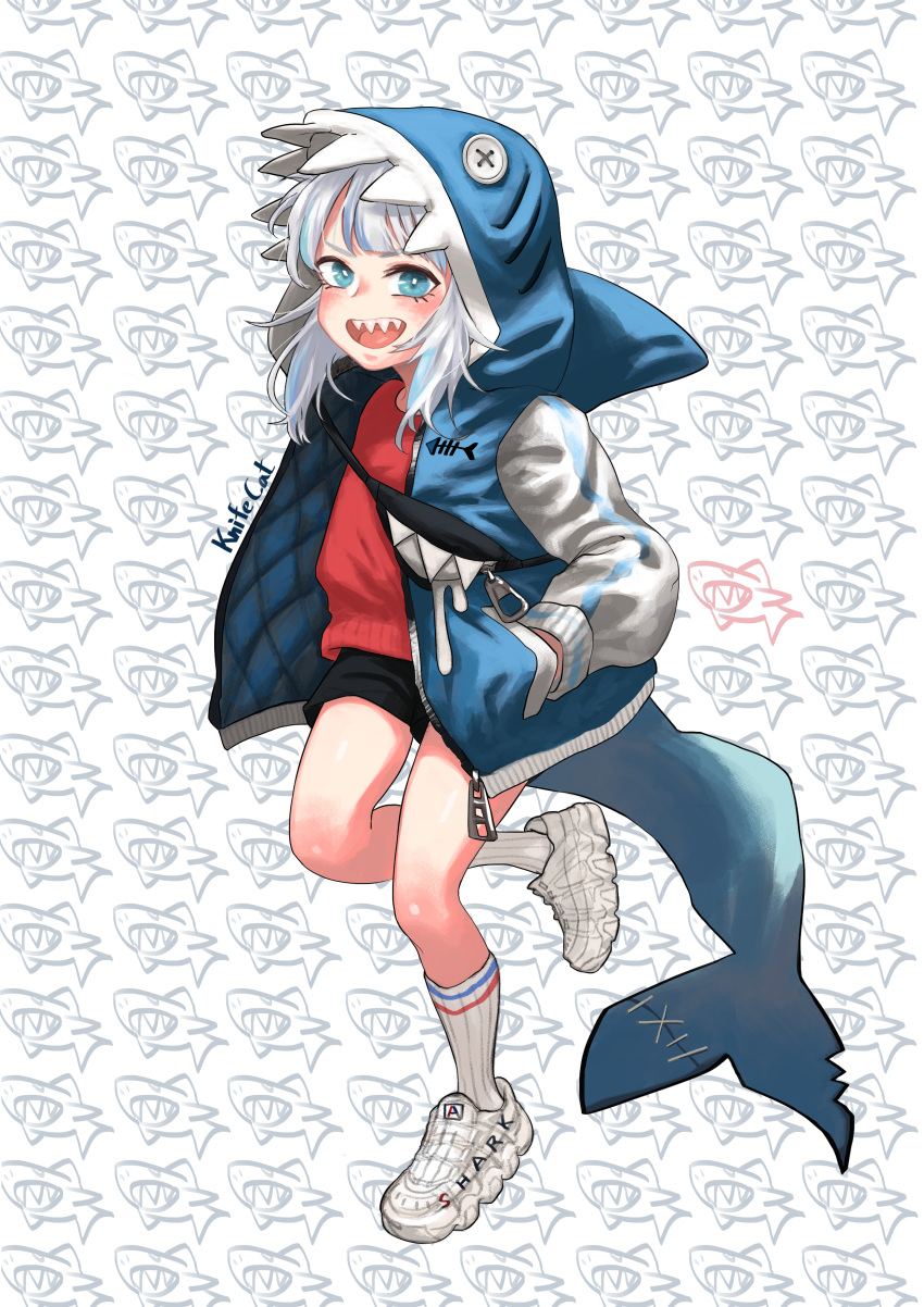 1girl absurdres adapted_costume alternate_costume animal_hood black_shorts blue_eyes blue_hair fanny_pack fish_tail gawr_gura hands_in_pockets highres hololive hololive_english hood hooded_jacket jacket knifecat letterman_jacket multicolored_hair open_mouth red_shirt shark shark_hood shark_tail sharp_teeth shirt shoes short_shorts shorts silver_hair sneakers solo streaked_hair tail teeth virtual_youtuber