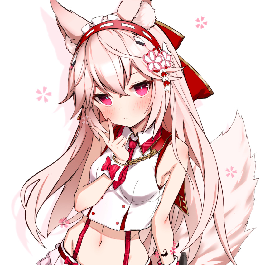 1girl animal_ear_fluff animal_ears armpit_crease bare_arms bare_shoulders breasts bright_pupils closed_mouth collared_shirt crop_top fox_ears fox_girl fox_tail groin hair_ornament hairband hand_up highres long_hair looking_at_viewer midriff navel necktie pink_eyes pink_hair shirt short_necktie simple_background sleeveless sleeveless_shirt small_breasts solo stomach suspenders tail tail_raised takanashi_kei_(hitsujikan) upper_body v vrchat white_background white_shirt wrist_cuffs