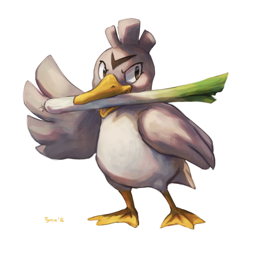 2016 bird brown_eyes commentary creature english_commentary farfetch'd full_body gen_1_pokemon highres looking_at_viewer mouth_hold no_humans pokemon pokemon_(creature) signature simple_background solo spring_onion standing tyma_(mtymas) white_background