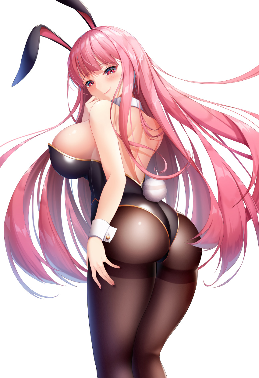 1girl absurdres animal_ears ass back backless_leotard bare_arms bare_shoulders black_leotard breasts brown_legwear bunny_girl bunny_tail detached_collar fake_animal_ears fake_tail fine_fabric_emphasis from_behind ggs gold_trim hairband highleg highleg_leotard highres huge_filesize large_breasts leotard long_hair looking_at_viewer looking_back original pantyhose pink_hair rabbit_ears red_eyes simple_background smile solo standing strapless strapless_leotard tail thighband_pantyhose thighs very_long_hair white_background wrist_cuffs