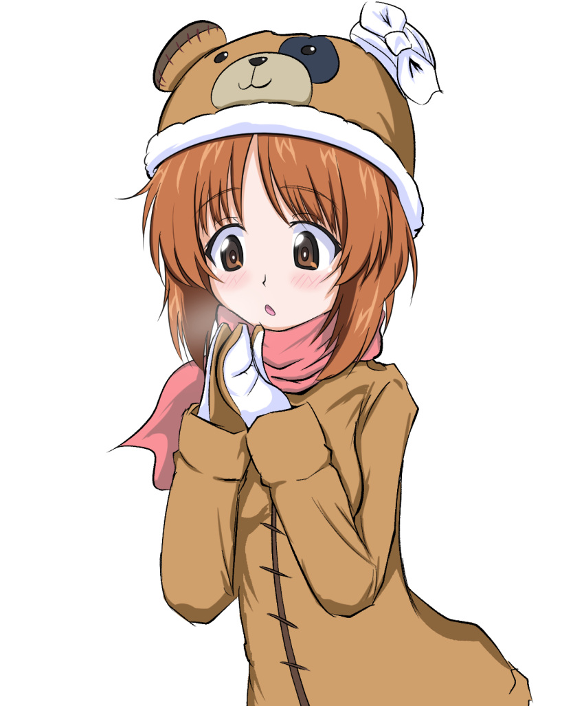 1girl bandages bangs bear_hat blush boko_(girls_und_panzer) boko_dream breath brown_coat brown_eyes brown_hair coat commentary eyebrows_visible_through_hair girls_und_panzer hands_together highres long_sleeves looking_to_the_side nishizumi_miho open_mouth pink_scarf scarf short_hair simple_background solo upper_body white_background white_mittens