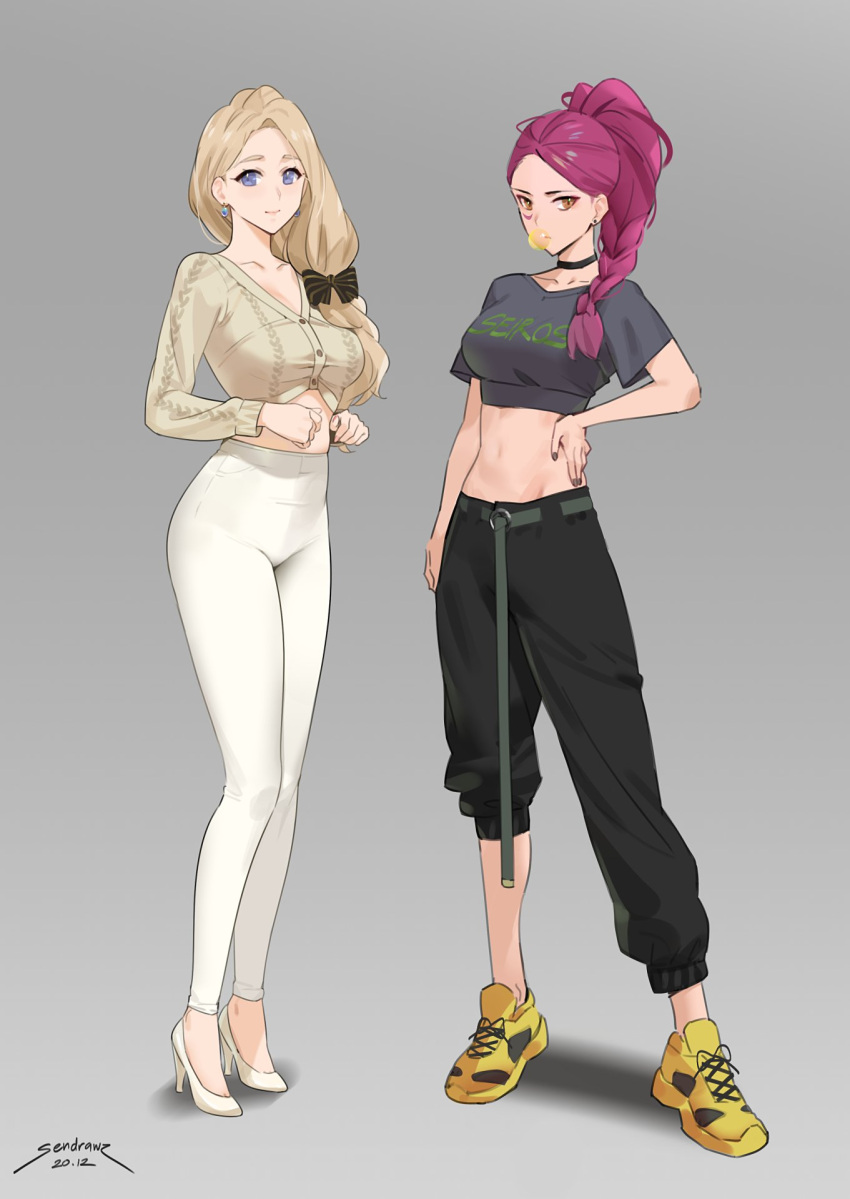 2girls artist_name belt black_choker black_nails black_pants blonde_hair blue_eyes bow braid brown_eyes bubble_blowing casual chewing_gum choker clothes_writing collarbone commentary cropped_shirt dated earrings english_commentary fire_emblem fire_emblem:_three_houses full_body grey_background hair_bow hair_over_shoulder hand_on_hip high_heels highres jewelry leggings long_hair looking_at_viewer mercedes_von_martritz midriff multiple_girls navel pants petra_macneary purple_hair sendrawz shirt short_sleeves signature simple_background white_legwear