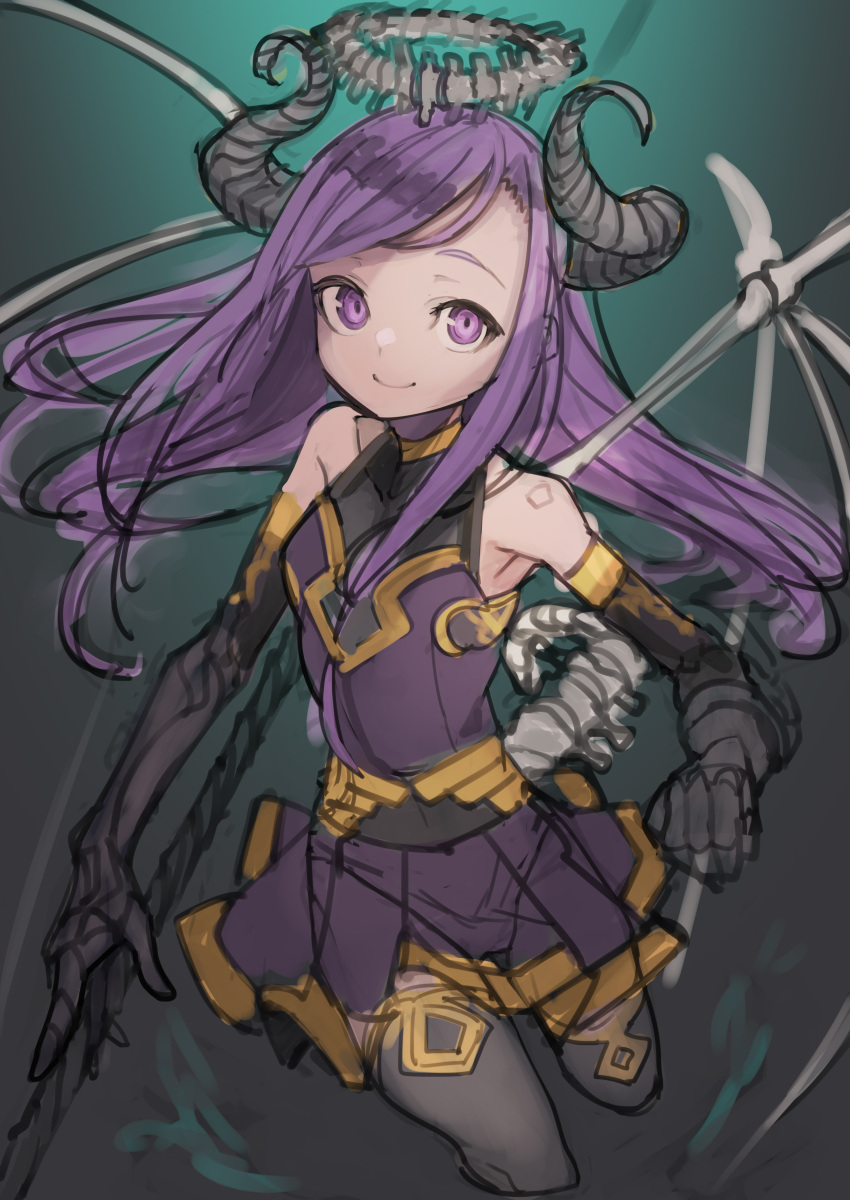 1girl absurdres bare_shoulders black_gloves black_legwear closed_mouth collarbone covered_collarbone demon_girl demon_horns demon_wings elbow_gloves gloves halo highres holding holding_polearm holding_weapon horns izayoi_cha long_hair original polearm purple_hair purple_skirt skeletal_wings sketch skirt smile solo spine tail thigh-highs violet_eyes weapon wings