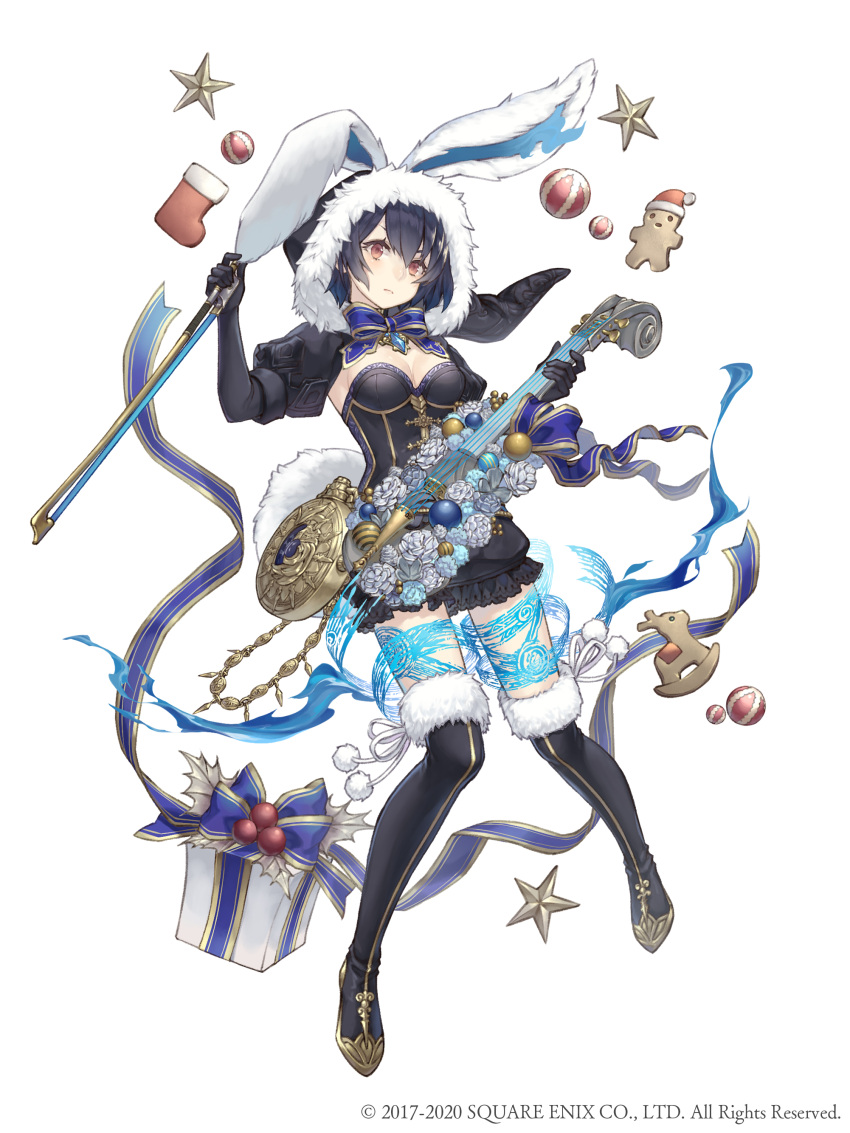 1girl absurdres alice_(sinoalice) animal_ears black_gloves boots bow bow_(instrument) bowtie christmas christmas_gift dark_blue_hair fake_animal_ears flower full_body fur_trim gingerbread_man gloves highres hood hood_up instrument ji_no looking_at_viewer official_art pocket_watch puffy_sleeves red_eyes rose short_hair sinoalice solo square_enix tattoo thigh-highs thigh_boots violin watch white_background white_flower white_rose