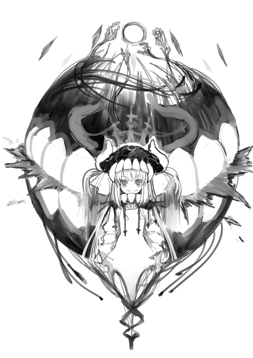 1girl absurdres clenched_teeth cross eyebrows_visible_through_hair greyscale grin hands hat highres horned_headwear horns izayoi_cha long_hair monochrome monster original reaching_out sharp_teeth sketch smile solo teeth white_background wide-eyed