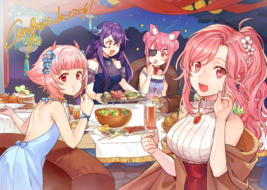 4girls backless_dress backless_outfit bangs blue_dress blue_flower blunt_bangs breasts brown_eyes cake champagne_flute commission cup double_bun dress drink drinking_glass eating english_commentary eyepatch flat_chest flower food hair_between_eyes hair_flower hair_ornament holding holding_drink horns kirihime_ria kuuko long_hair looking_at_viewer matsuro_meru medium_breasts multiple_girls nini_yuuna off-shoulder_coat one_eye_covered open_mouth pink_hair purple_hair red_eyes ribbed_sweater second-party_source short_hair skeb_commission skewer sweater sweater_tucked_in tsunderia tsunderia_quest v-shaped_eyebrows virtual_youtuber yazaki_kallin